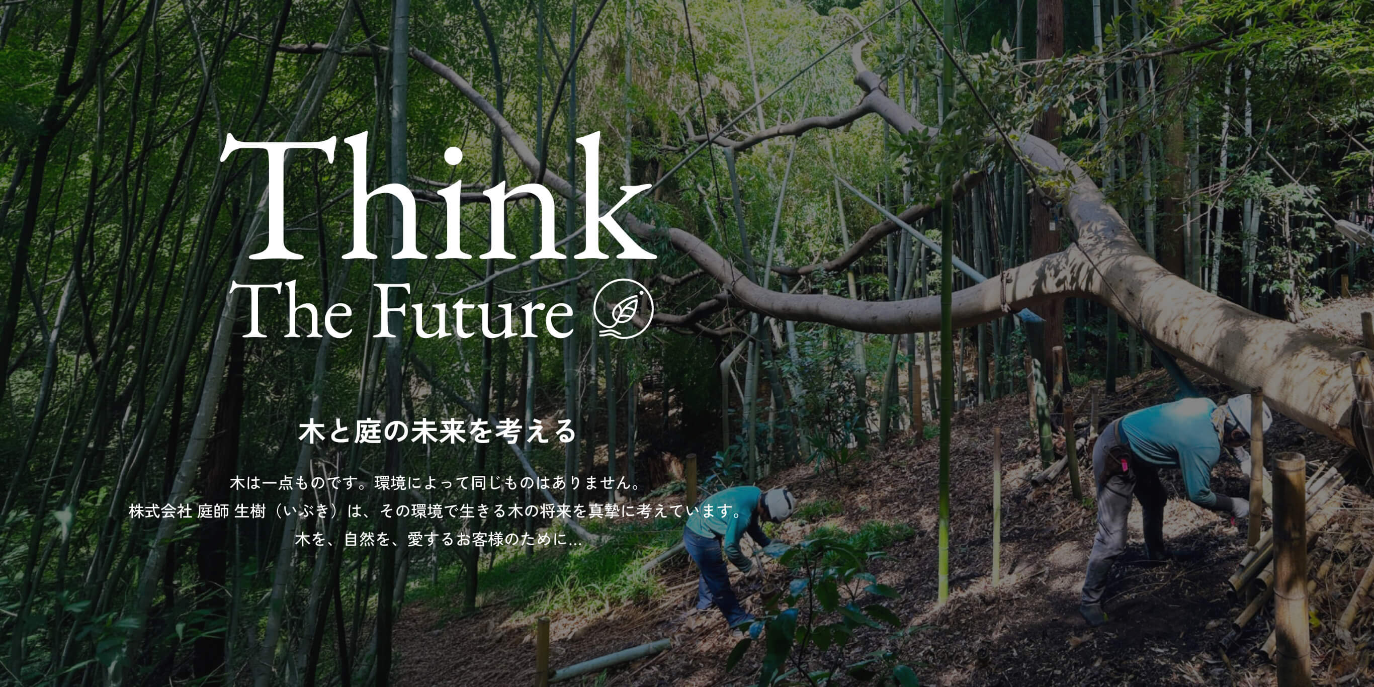 Think The Future 木と庭の未来を考える 木は一点ものです。環境によって同じものはありません。株式会社 庭師 生樹(いぶき)は、その環境で生きる木の将来を真摯に考えています。木を、自然を、愛するお客様のために…
